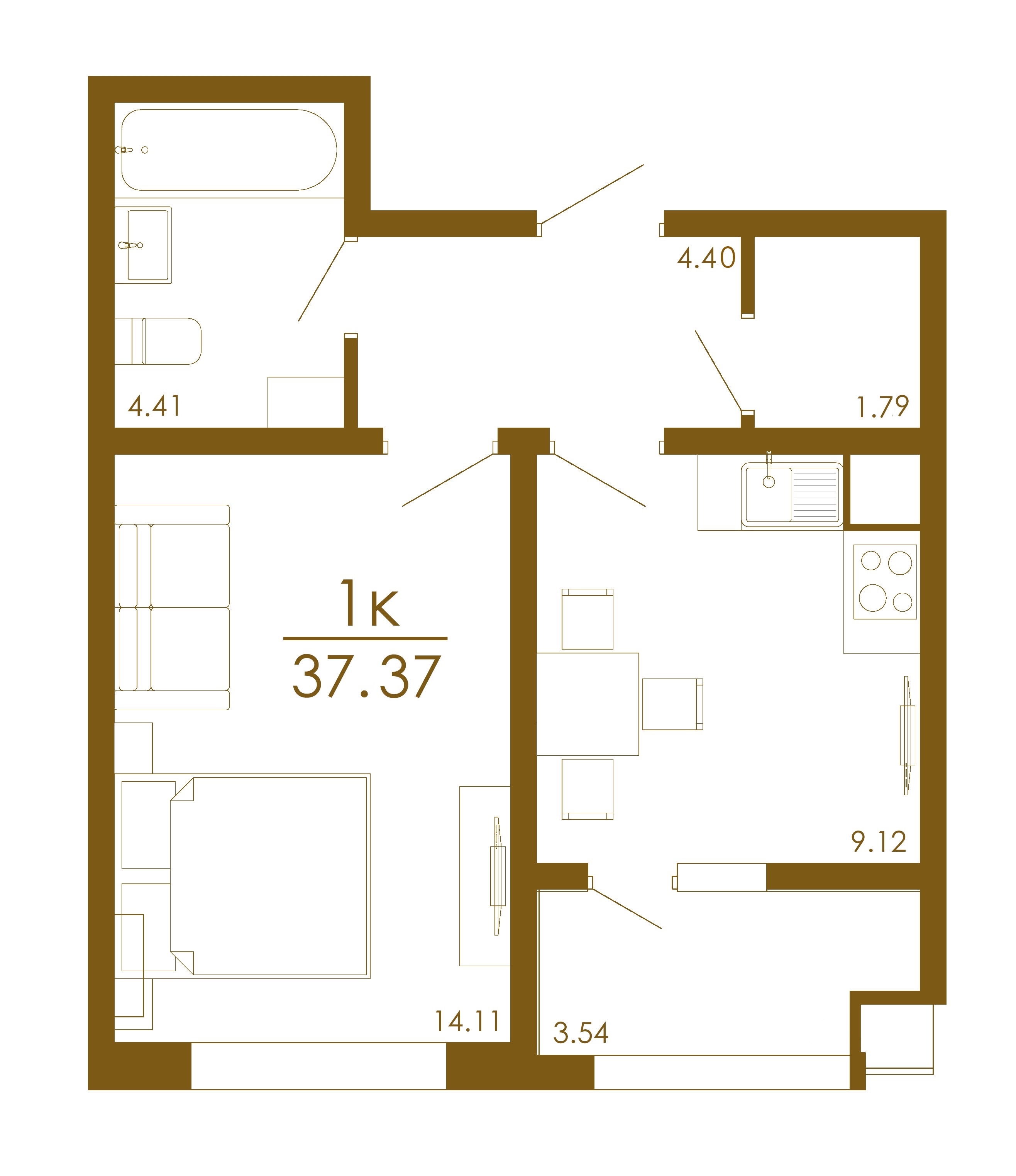 Планировка 1-комнатной квартиры 38,2 м²