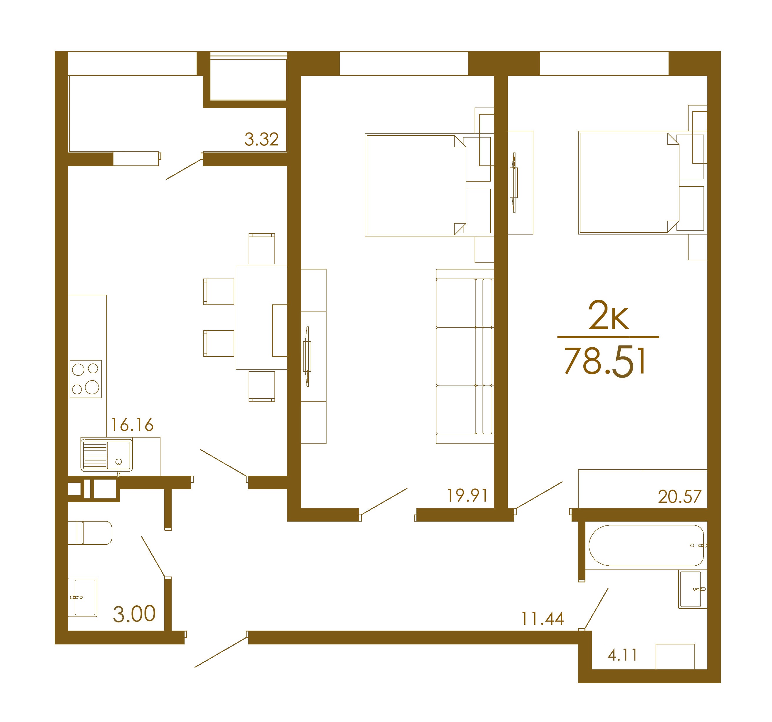 Планировка 2-комнатной квартиры 58,4 м²